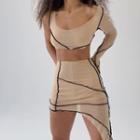 Set: Stitched Long-sleeve Crop Top + Asymmetric Mini A-line Skirt
