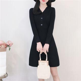 V-neck Long-sleeve A-line Knit Dress