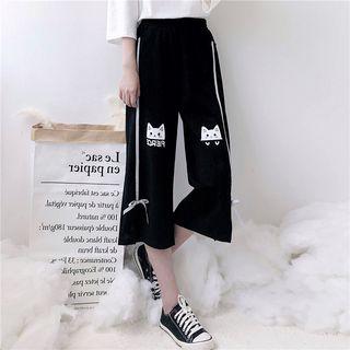 Cat Print Capri Wide-leg Pants