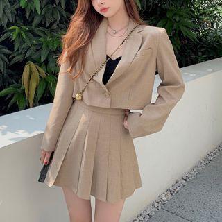 Double-breasted Padded-shoulder Crop Blazer / High Waist Pleated Mini Skirt
