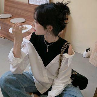 Mock Two-piece Cold-shoulder Shirt As Shown In Figure - One Size