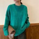 Long-sleeve Plain Knit Sweater Vintage Green - One Size