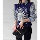 Set: Printed Knit Vest + Puff-sleeve Striped Shirt Navy Blue - One Size
