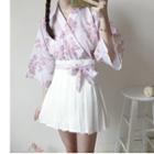 Flower Long-sleeve Top / Pleated A-line Skirt