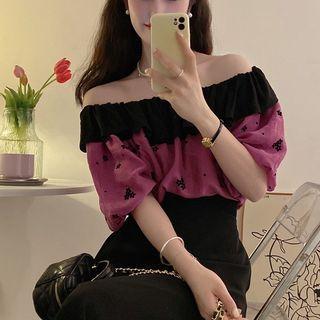 Off-shoulder Floral Blouse / High Waist Midi A-line Skirt