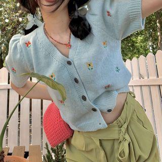 Short-sleeve Floral Cardigan Blue - One Size