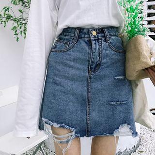 Distressed Mini A-line Denim Skirt