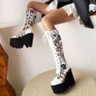 Floral Print Platform Chunky-heel Lace-up Tall Boots