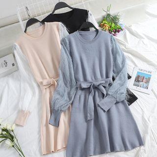 Fringed Mesh-sleeve Tie-front Midi Knit Dress