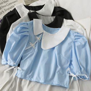Asymmetrical Ribbon-cuff Frog-button Crop Blouse