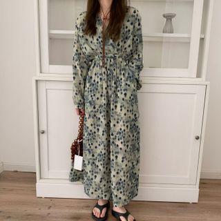 Long-sleeve Print Midi A-line Dress Floral - Green - One Size