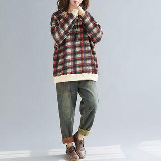 Plaid Round-neck Knit Sweatshirt