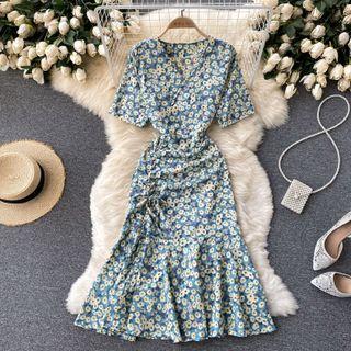 V-neck Drawstring Floral Ruffle Mermaid Dress
