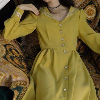 Sailor Collar A-line Midi Velvet Shirtdress