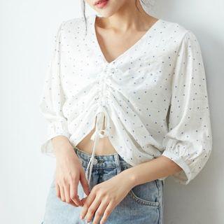 Drawstring V-neck Dotted Print Top Blue - One Size