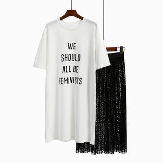 Set: Lettering Short-sleeve T-shirt + Lace Midi Skirt