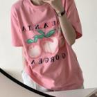 Elbow-sleeve Peach Print T-shirt Pink - One Size