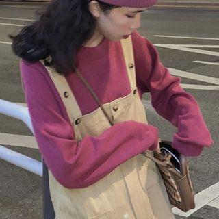 Plain Long-sleeve Knit Top Raspberry Pink - One Size