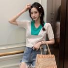 Short-sleeve Pointelle Panel Knit Top White & Green - One Size