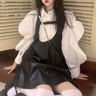 Puffy Shirt / Faux Leather Mini Overall Dress