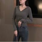 Plain V-neck Hoodie Gray - One Size