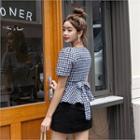 Square-neck Tie-waist Checked Blouse