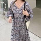 Elbow-sleeve V-neck Print Midi A-line Dress