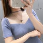 Illusion-neckline Short-sleeve Knit Top