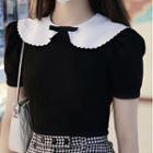 Short-sleeve Collared Top / Mini Plaid Pencil Skirt