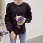 Round-neck Frilled-sleeve Top Black - One Size