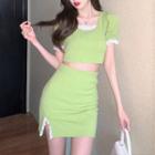 Set: Short-sleeve Lace Trim Knit Crop Top + Mini Skirt