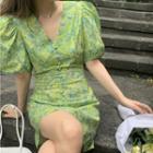 Puff-sleeve Floral Print Mini A-line Dress Green - One Size