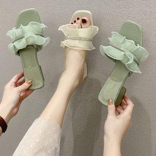 Mesh Ruffle Rhinestone Low-heel Sandals