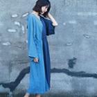 Color Block Long-sleeve Midi A-line Dress Light Blue & Dark Blue - One Size