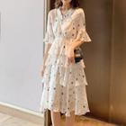 Flared-sleeve Star Print Tiered Dress