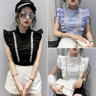 Sleeveless Embellished Frill Trim Mock-neck Blouse