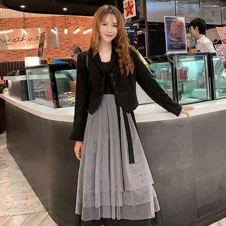 Plain Single-breasted Blazer / Mesh Panel Spaghetti Strap Midi A-line Dress / Set
