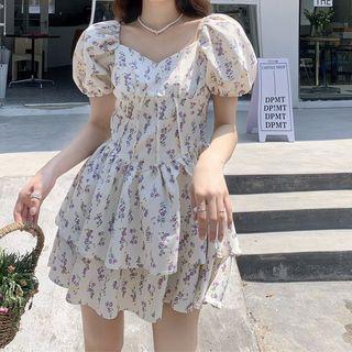 Puff-sleeve Floral Mini A-line Dress Purple Floral - White - One Size