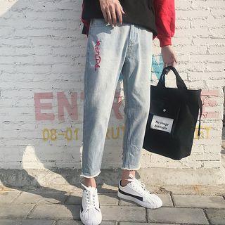 Cropped Ripped Lettering Straight-fit Jeans