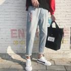 Cropped Ripped Lettering Straight-fit Jeans
