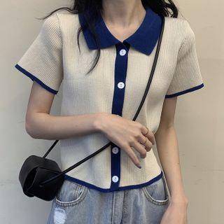 Short-sleeve Collared Contrast Trim Cropped Cardigan