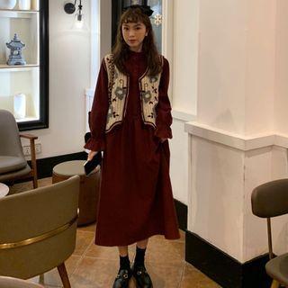 Long-sleeve Midi A-line Dress / Floral Embroidered Vest