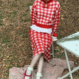 Mock Two-piece Long-sleeve Plaid Knit Top / Midi Mermaid Skirt