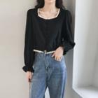 Square-neck Lace Trim Cropped Blouse Black - One Size
