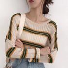 Contrast-stripe Round-neck Long-sleeve Knit Top