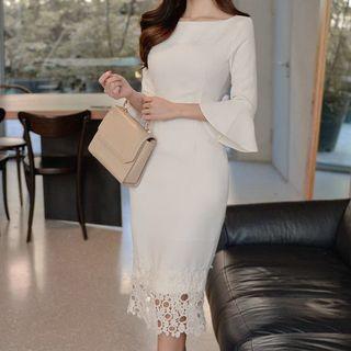 3/4-sleeve Lace Panel Midi Knit Sheath Dress