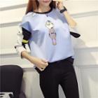 Cartoon Print Color Block Pullover