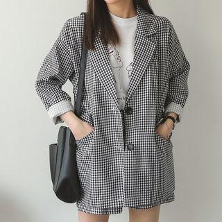 Set: Single-breasted Gingham Jacket + Band-waist Shorts