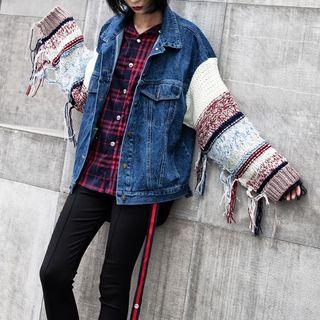 Fringed Knit Panel Denim Jacket