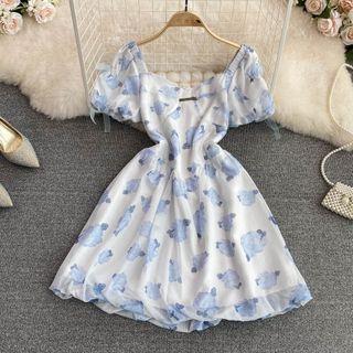 Puff Sleeve Floral Print A-line Mini Dress